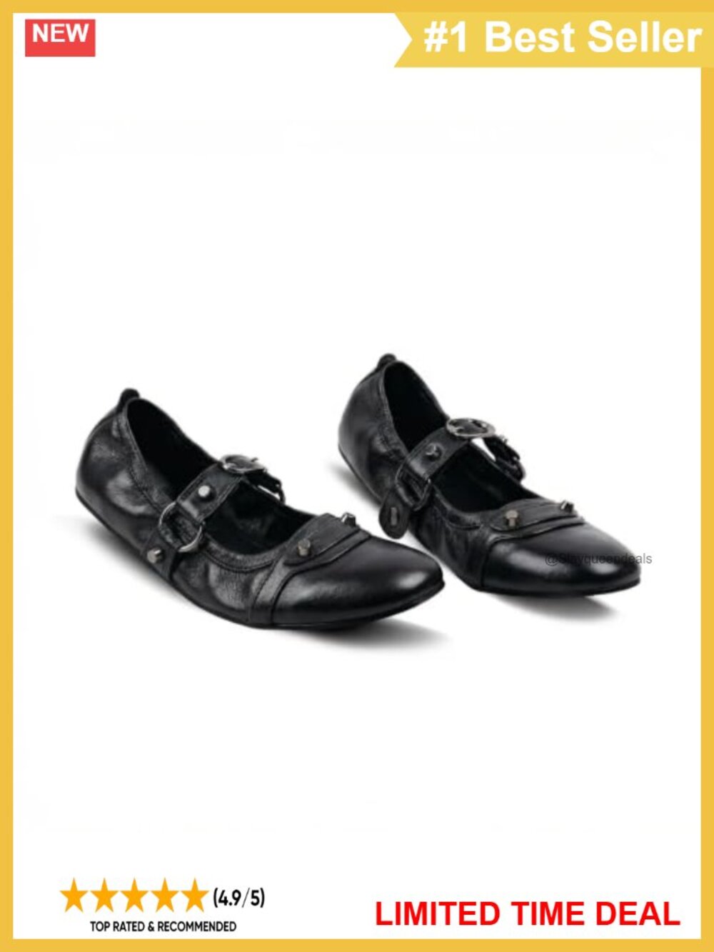 Women's Studded Ring Buckle Mary Jane Flats Ruched Round Toe Comfort Ballet